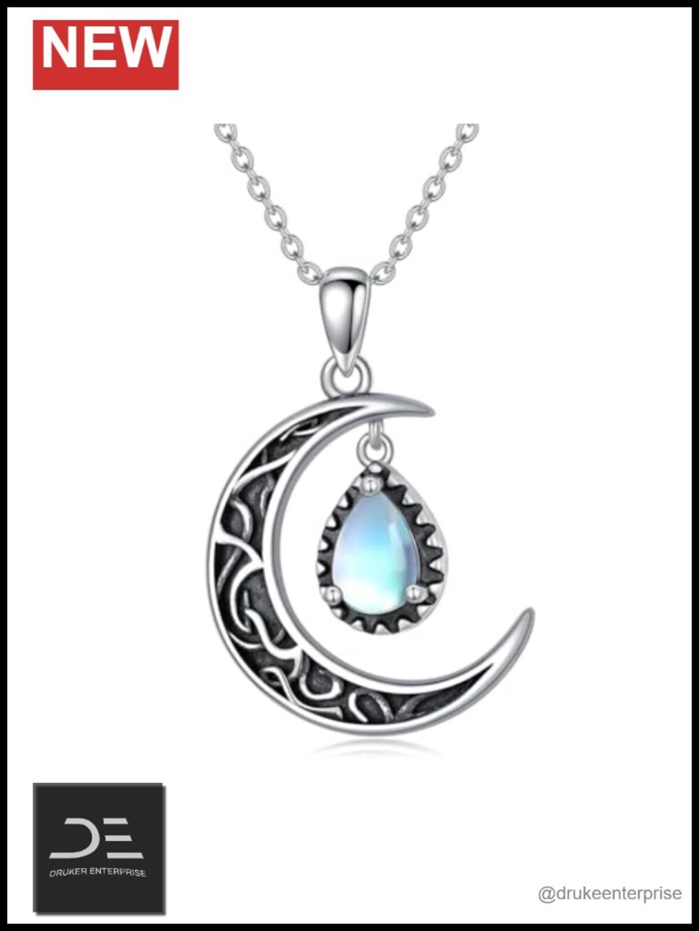 Sterling Silver Crescent Moon Necklace Moonstone Teardrop Pendant Celtic